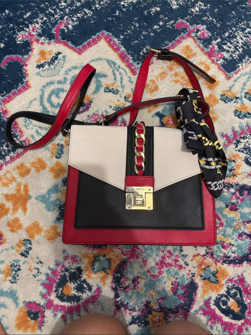 ALDO Red, Black & White Colorblock Satchel with Gold Chain Detail